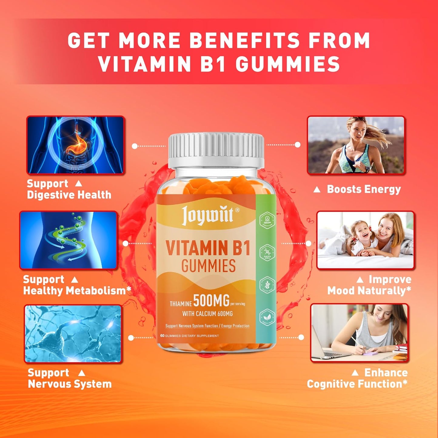 Vitamin B1 Gummies 500mg – Thiamine Supplement for Adults with Calcium Citrate, Vegan, Natural Orange Flavour - görsel 3