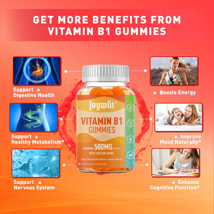 Vitamin B1 Gummies 500mg – Thiamine Supplement for Adults with Calcium Citrate, Vegan, Natural Orange Flavour