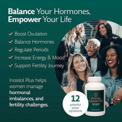 Inositol Plus for Women | Ovarian Health, Hormone Balance, Fertility, Ovulation | 40:1 Myo-Inositol D-Chiro & 12 Ingredients | Developed by a Medical Doctor | 120 Capsules