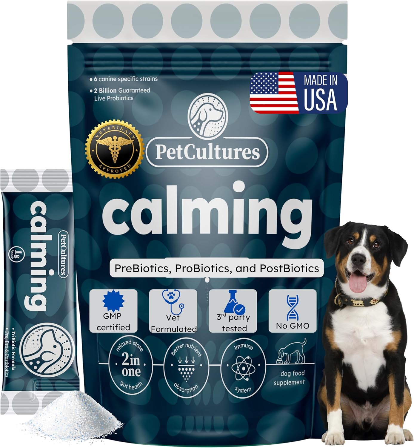 PetCultures Calming Tribiotic Dog Supplement Powder – Supports Stress & Gut-Brain Axis (Trial Pack, 10 Sachets) - görsel 1