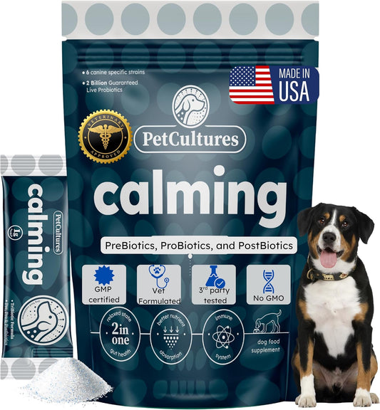 PetCultures Calming Tribiotic Dog Supplement Powder – Supports a Calm Demeanour, L-Tryptophan, L-Theanine, and Gut-Brain Axis Balance (30 Sachets)