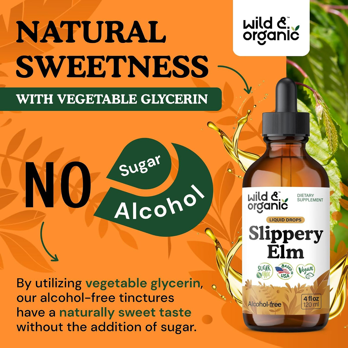 Wild & Organic Slippery Elm Liquid Drops - Lung, Digestive & Women's Support - Slippery Elm Bark Supplement - Add to Tea Tincture - Ulmus Rubra Herb - Vegan, Sugar & Alcohol-Free - 118 ml (4 fl oz) - görsel 6