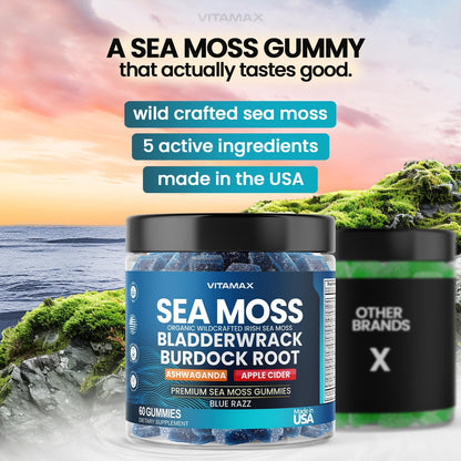 Vitamax Irish Sea Moss Gummies – Multi-Mineral Supplement with Sea Moss, Bladderwrack, Ashwagandha, Burdock Root & ACV – 60ct