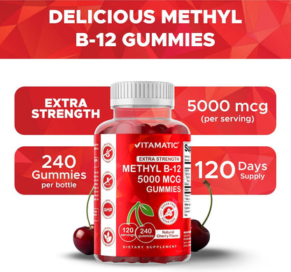 Vitamatic Extra Strength Vitamin B12 5000 mcg (Methyl B12) Gummies - 240 Count, Natural Cherry Flavoured
