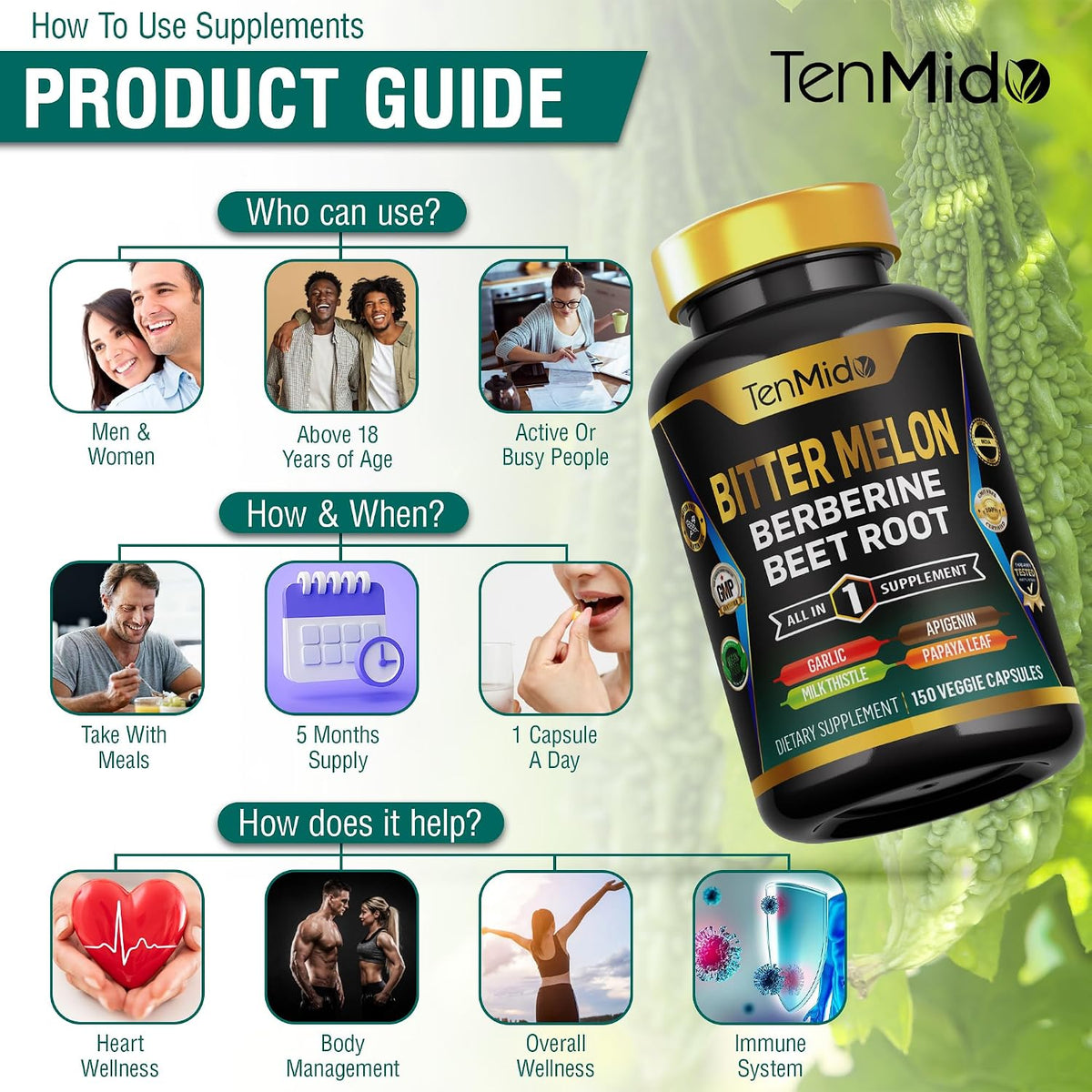 Tenmido Bitter Melon Capsules - 8in1 Formula with Berberine, Beet Root, Garlic, Milk Thistle, Apigenin, Papaya Leaf & Black Pepper (150 Vegan Capsules) - görsel 6