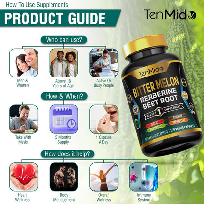 Tenmido Bitter Melon Capsules - 8in1 Formula with Berberine, Beet Root, Garlic, Milk Thistle, Apigenin, Papaya Leaf & Black Pepper (150 Vegan Capsules)