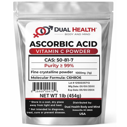 Ascorbic Acid (454 g) Pure Vitamin C Powder - Non-GMO, High Potency, Fine Crystals