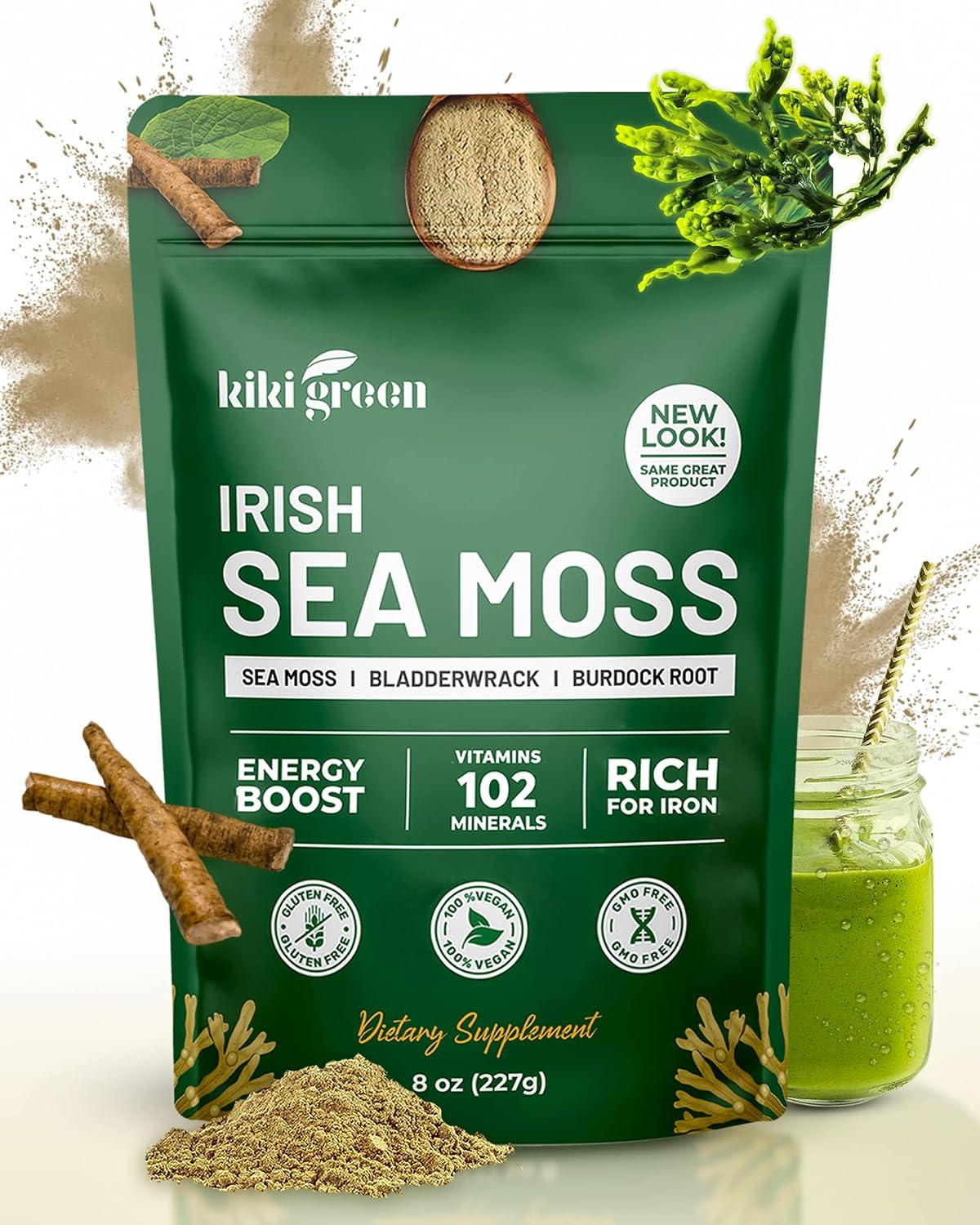 KIKI Green Irish Sea Moss Powder – Bladderwrack & Burdock Root – 227 g – Vegan Immune Support - görsel 1