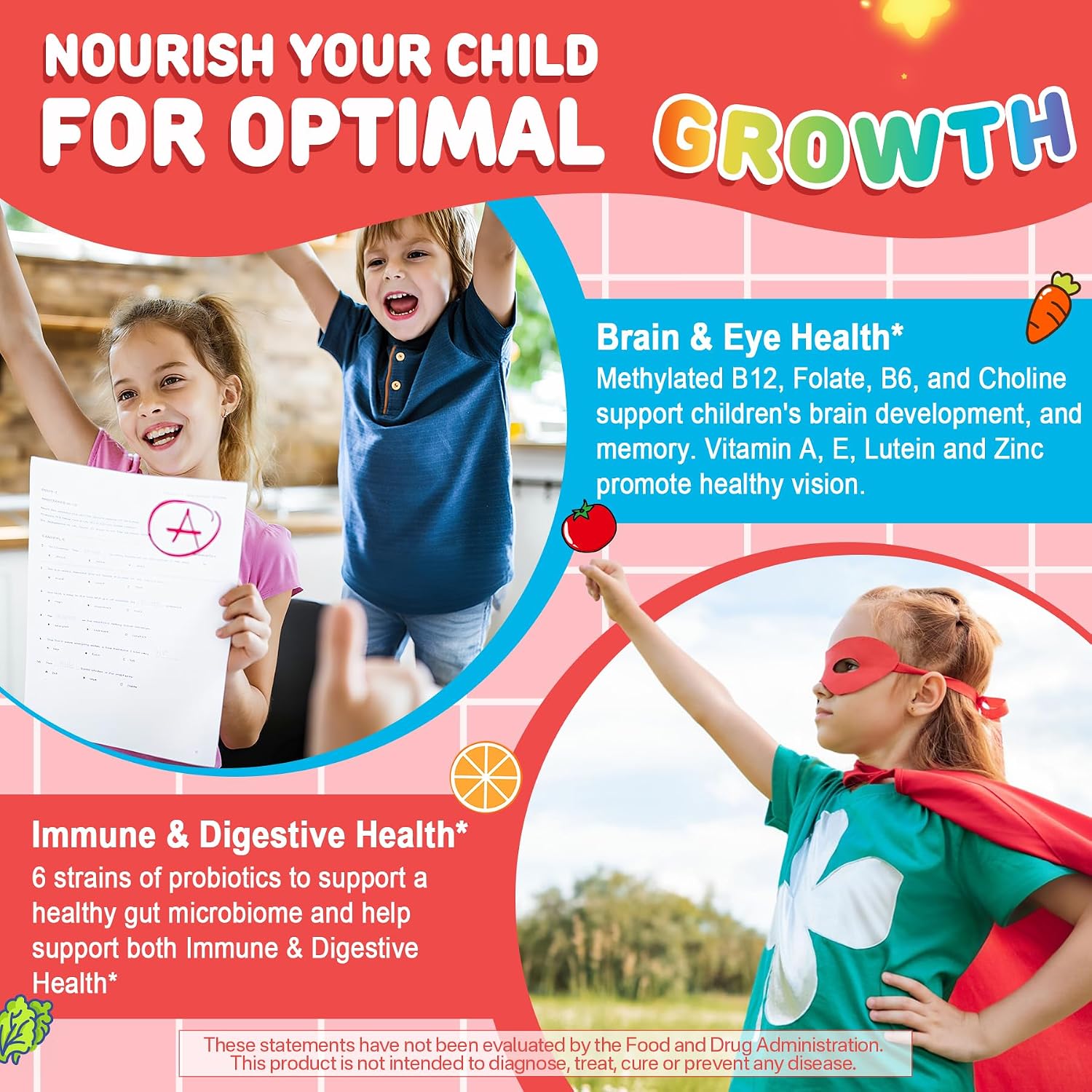 Kids Multivitamin Gummies + Calcium, Probiotics, Vitamin D3, C, Methylated B12 & Methylfolate, B6, A, K2, E, Zinc, Prebiotics for Children Ages 4+, Clean & Sugar Free, for Nutritional Support, 60 Cts - görsel 6
