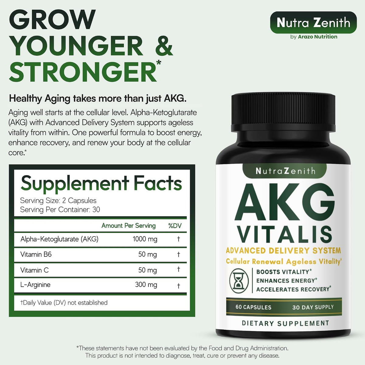 AKG Anti-Ageing & Vitality Supplement with Vitamin B6, Vitamin C & L-Arginine – 60 Capsules - görsel 2
