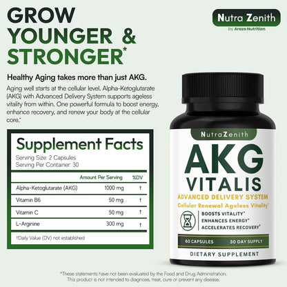 AKG Anti-Ageing & Vitality Supplement with Vitamin B6, Vitamin C & L-Arginine – 60 Capsules