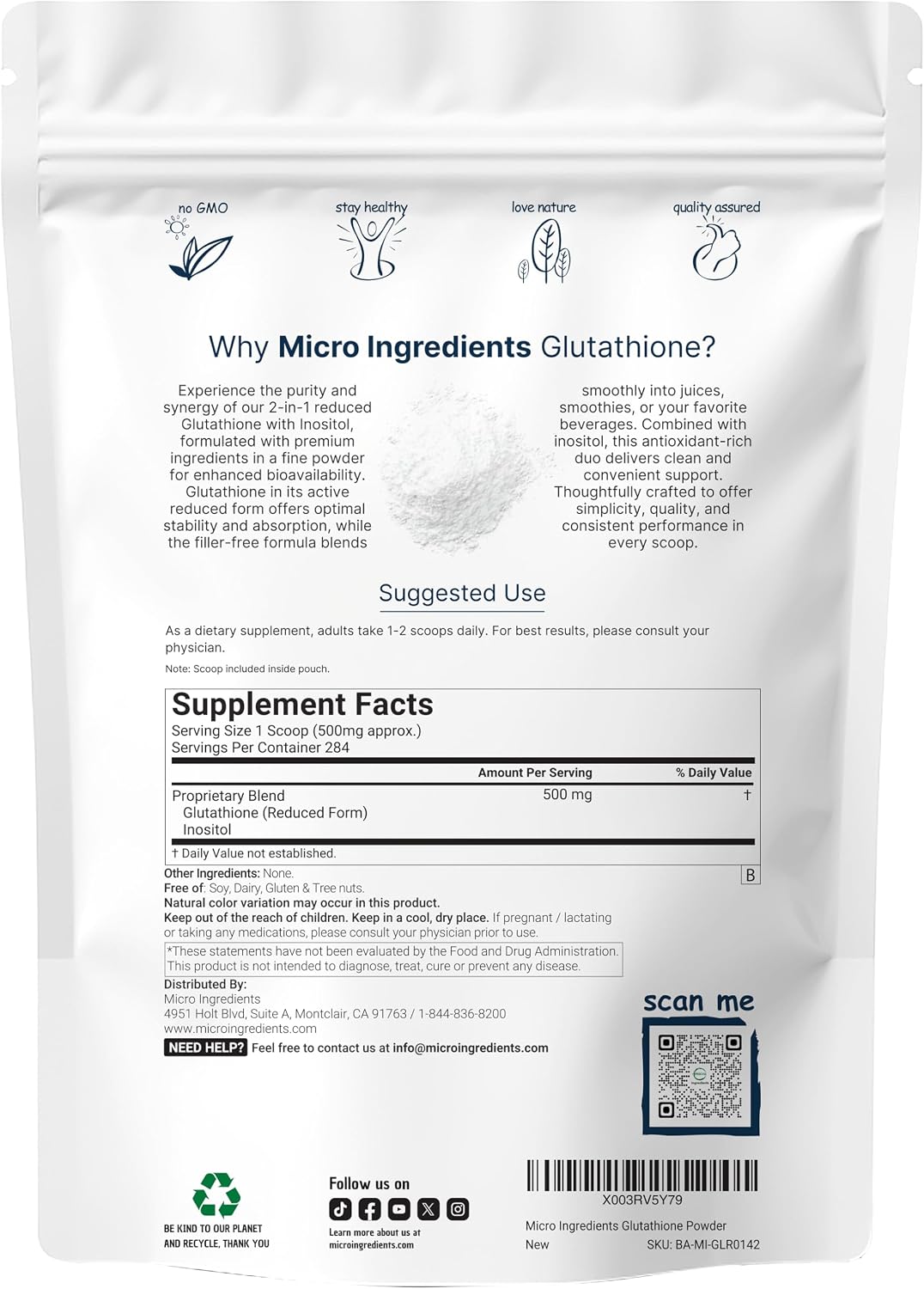 Micro Ingredients Glutathione Food Supplement, Pure Reduced Glutathione Powder with Inositol, 142g - 9 Month Supply - görsel 2