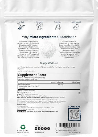 Micro Ingredients Glutathione Food Supplement, Pure Reduced Glutathione Powder with Inositol, 142g - 9 Month Supply