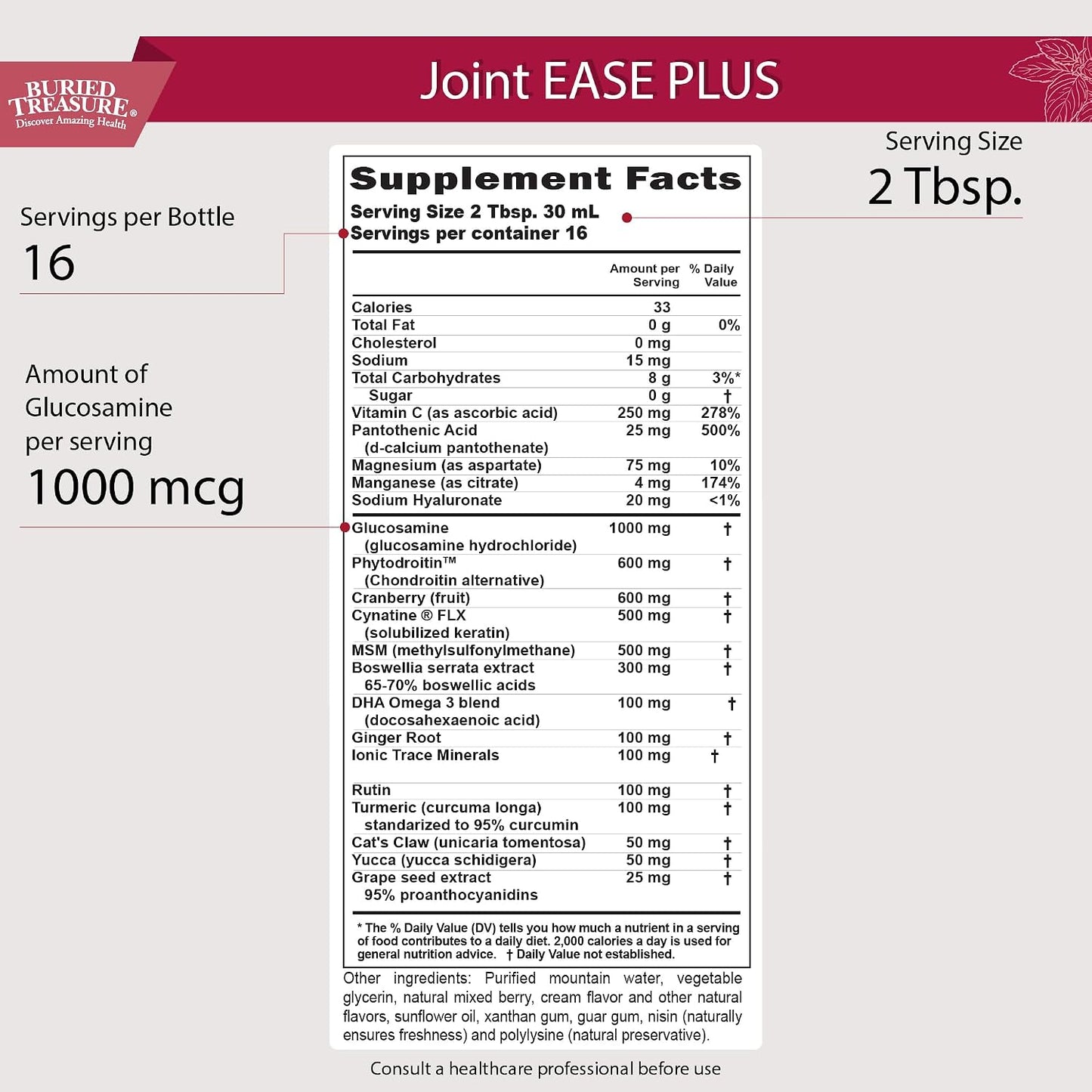 Buried Treasure Joint Ease Plus - 473 ml, Glucosamine Chondroitin with MSM and Turmeric, Joint Support Supplement - görsel 2