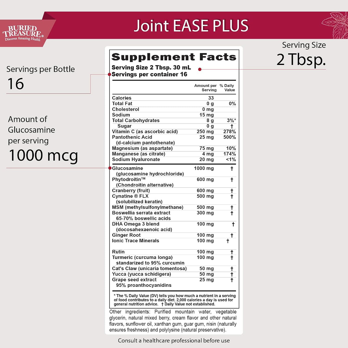 Buried Treasure Joint Ease Plus - 473 ml, Glucosamine Chondroitin with MSM and Turmeric, Joint Support Supplement - görsel 2