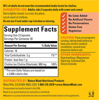 Nature Made Extra Strength Choline 800 mg, 60 Capsules