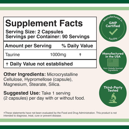 Taurine Supplement 1000mg Per Serving, 180 Capsules - Amino Acid for Daily Wellness (Taurina) Vegan, Gluten-free, Non-GMO by Double Wood