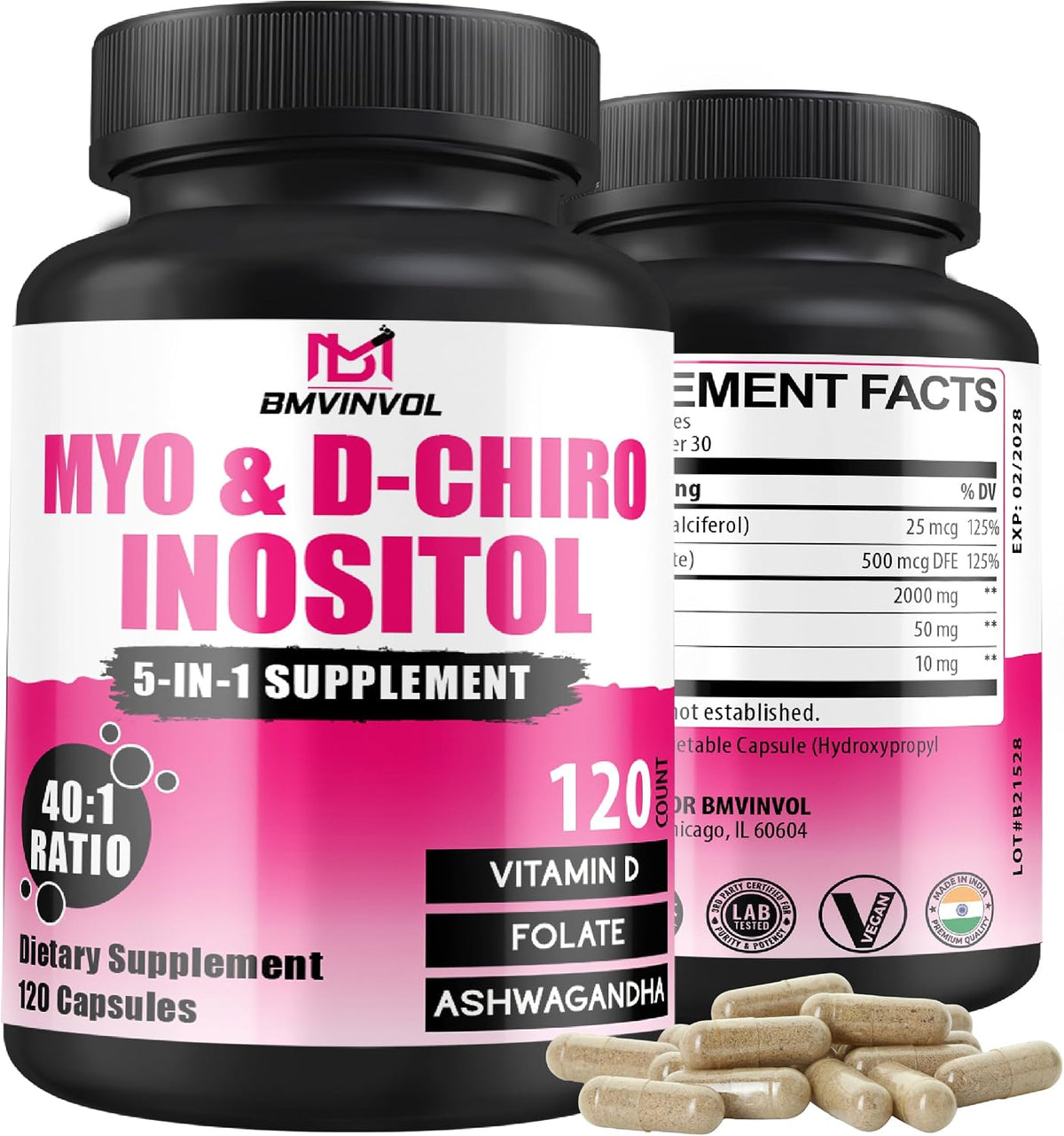 BMVINVOL 2,050mg Myo-Inositol & D-Chiro Inositol Capsules with Folate, Vitamin D & Ashwagandha - 40:1 Ratio for Hormone Balance - 120 Capsules - görsel 1