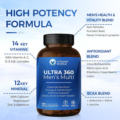 Vitamin World Ultra 360 Multivitamin for Men, Men's Multivitamin with Herbs & Antioxidants for Energy & Performance, Supplement with Vitamin A, C, D, E, B12 & Zinc for Immune Support, 180 Caplets