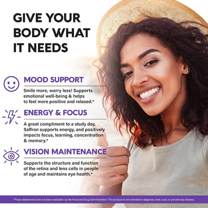 Natural Saffron Supplements - Pure Saffron Extract 88.5 mg - Mood, Focus, Vision and Energy Support for Women and Men - Non-GMO Vegan Capsules - 180 Powder Capsules, 6-Month Supply