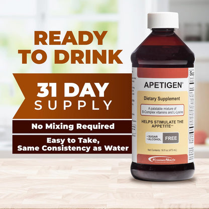 Apetigen Appetite Stimulant – Vitamin B-Complex with L-Lysine Liquid – Sugar-Free Caramel Flavour, 473ml