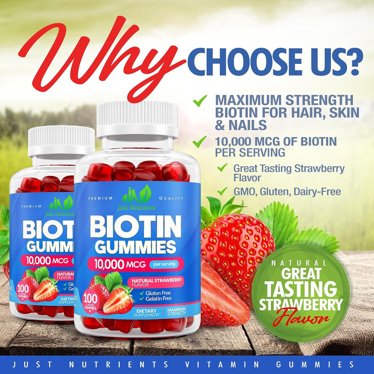 Just Nutrients Biotin 10,000mcg Gummies for Hair, Skin and Nails - 100 Count - görsel 2