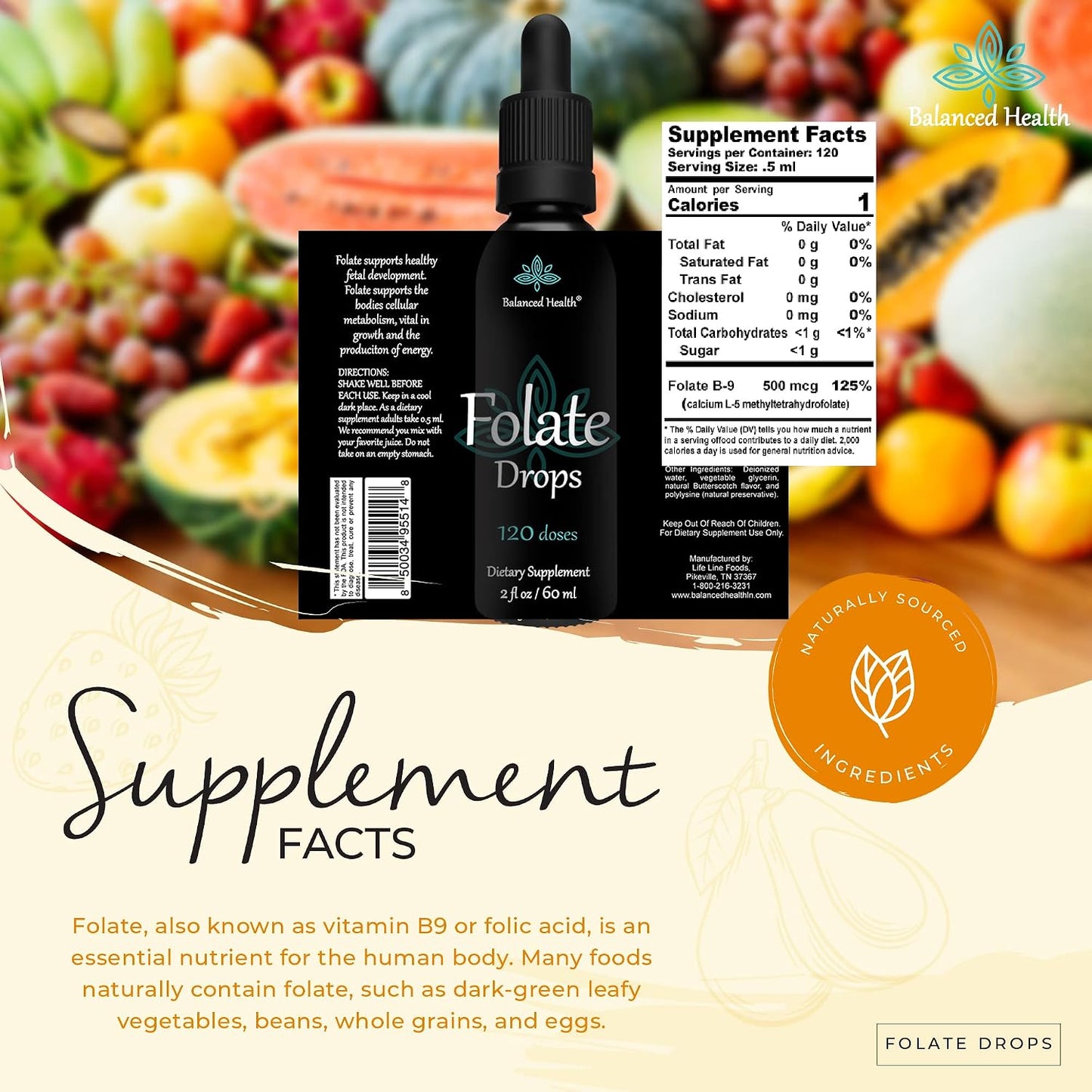 Balanced Health Folate Drops - 500mcg L-5-MTHF, 120 Servings, 60ml, Butterscotch Flavour - görsel 4