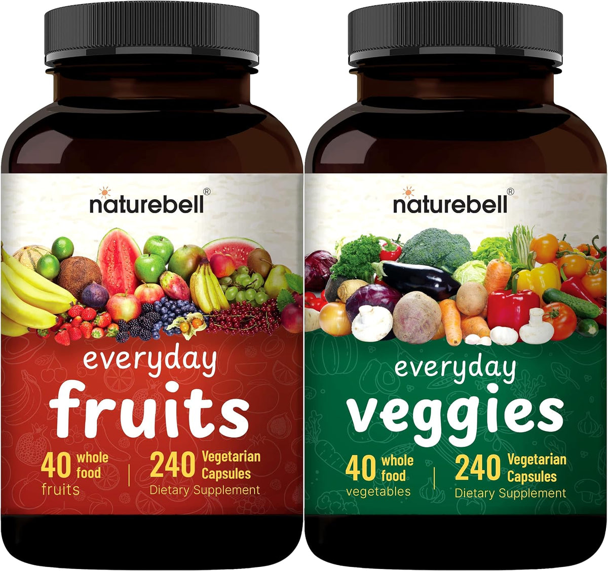 NatureBell Fruit and Veggies Food Supplement, 480 Vegetarian Capsules - 40 Whole Fruits & Vegetables Blend - görsel 1