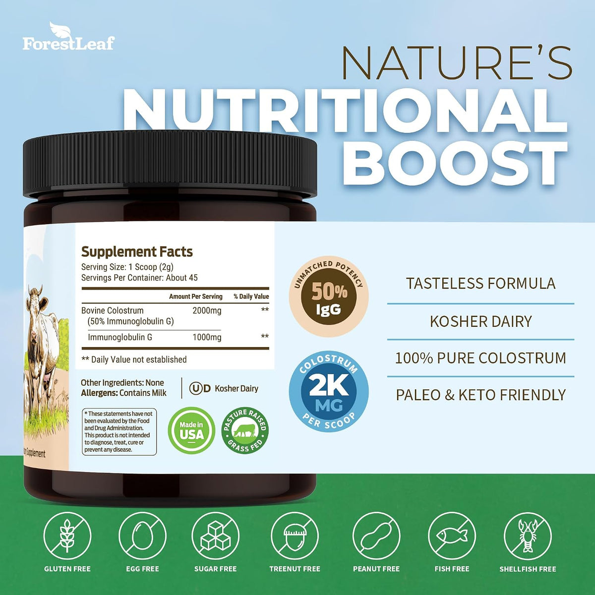 ForestLeaf Colostrum Powder - 50% IgG, Grass-Fed, Unflavoured (45 Servings) - görsel 3