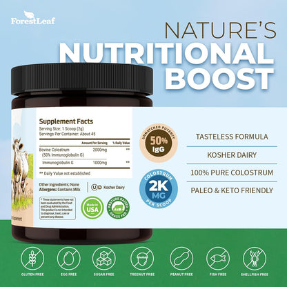 ForestLeaf Colostrum Powder - 50% IgG, Grass-Fed, Unflavoured (45 Servings)