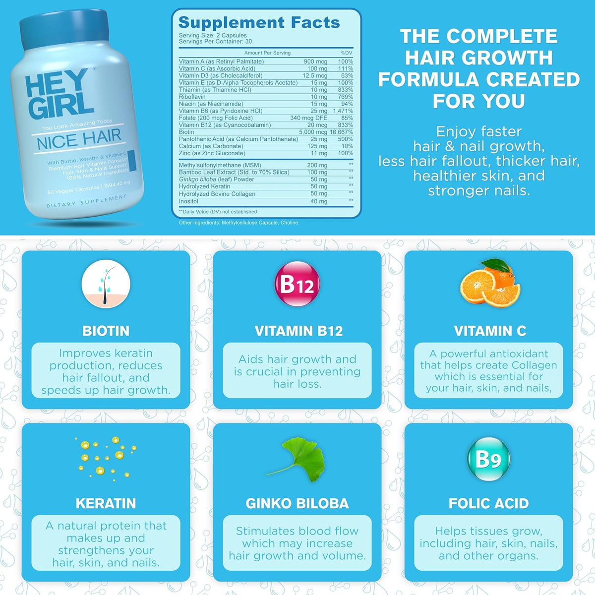 Hey Girl Tea Nice Hair Supplement – Hair Vitamins with Biotin, Keratin & Collagen - görsel 3