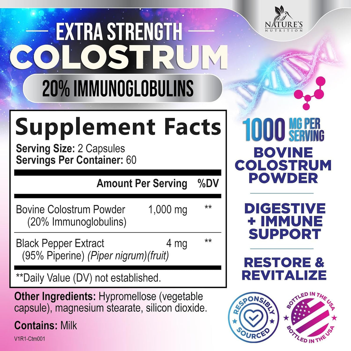Colostrum Supplement 1000mg Per Serving – Max Strength 20% Immunoglobulins for Gut & Immune Support – Natural Bovine Powder for Muscle, Skin & Hair Support – Unflavoured & Bottled in the USA – 120 Capsules - görsel 2