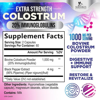 Colostrum Supplement 1000mg Per Serving – Max Strength 20% Immunoglobulins for Gut & Immune Support – Natural Bovine Powder for Muscle, Skin & Hair Support – Unflavoured & Bottled in the USA – 120 Capsules