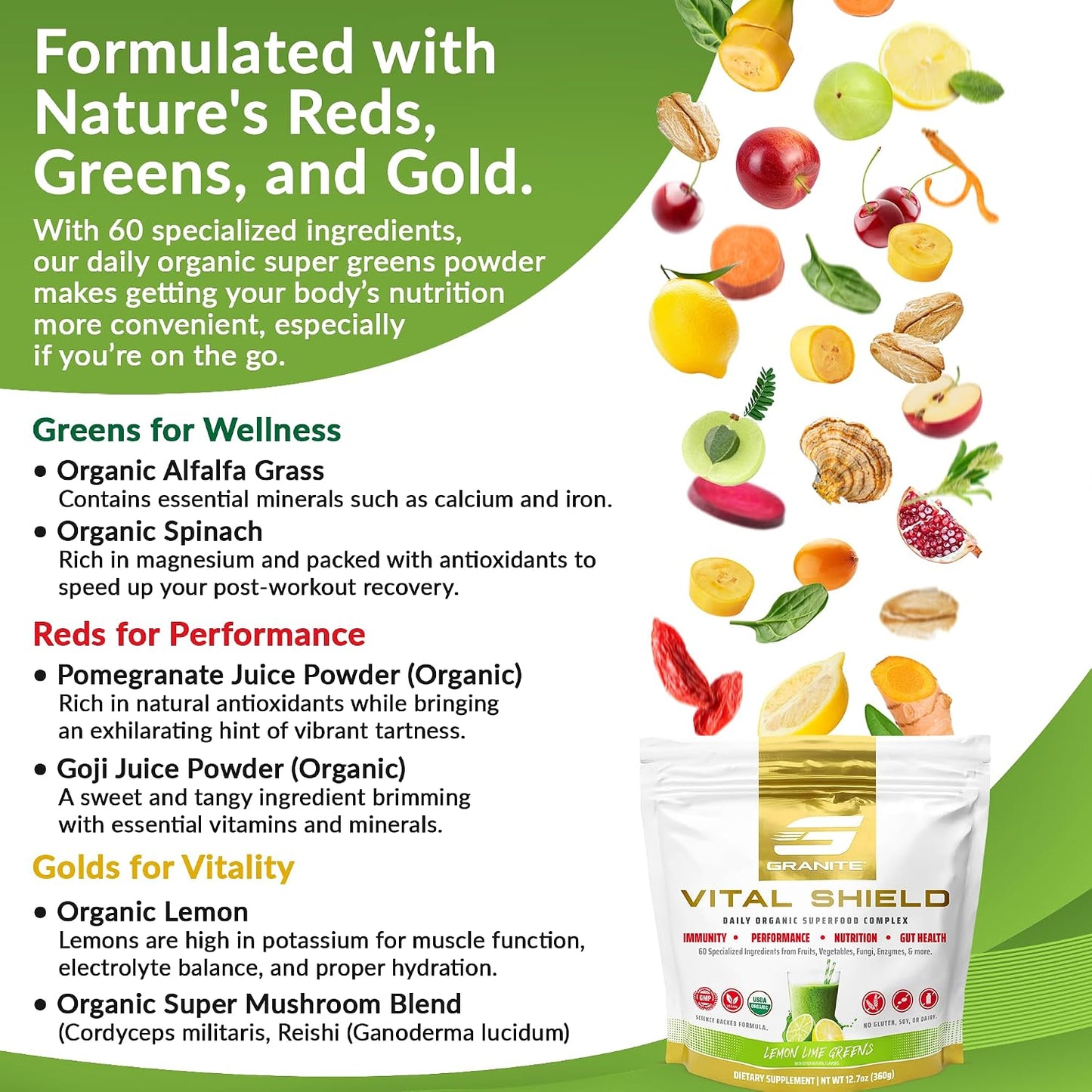 Granite Nutrition Vital Shield – USDA Organic Superfood Greens Powder with Mushrooms & Tart Cherry, Lemon and Lime, 30 Servings - görsel 7