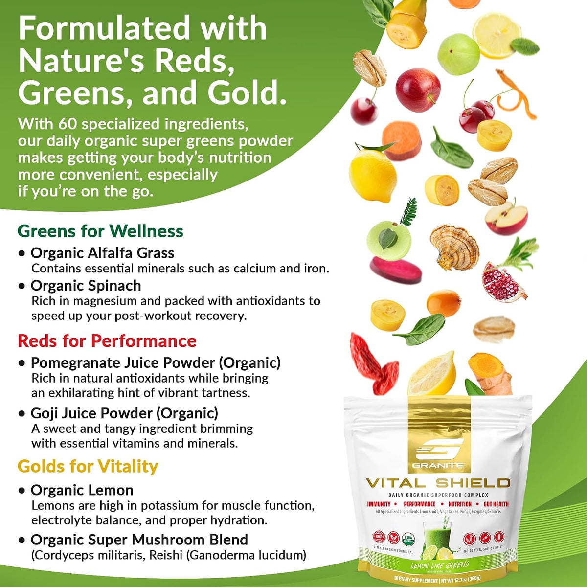 Granite Nutrition Vital Shield – USDA Organic Superfood Greens Powder with Mushrooms & Tart Cherry, Lemon and Lime, 30 Servings - görsel 7