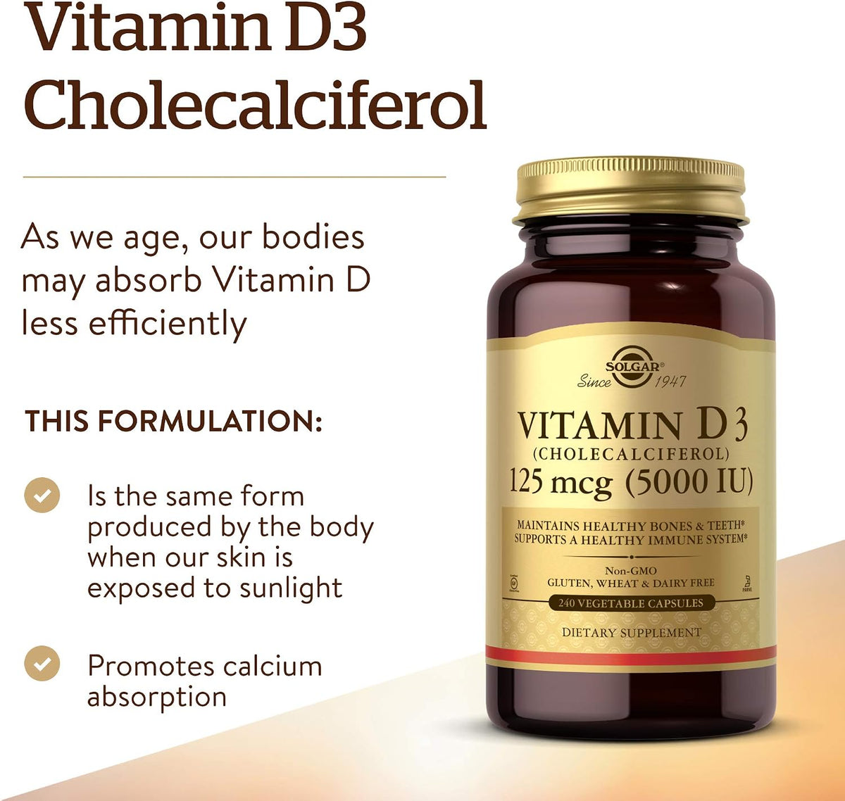 Solgar Vitamin D3 (Cholecalciferol) 125 mcg (5000 IU), 240 Vegetable Capsules - görsel 3