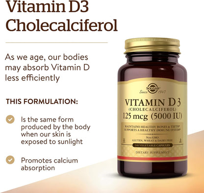 Solgar Vitamin D3 (Cholecalciferol) 125 mcg (5000 IU), 240 Vegetable Capsules