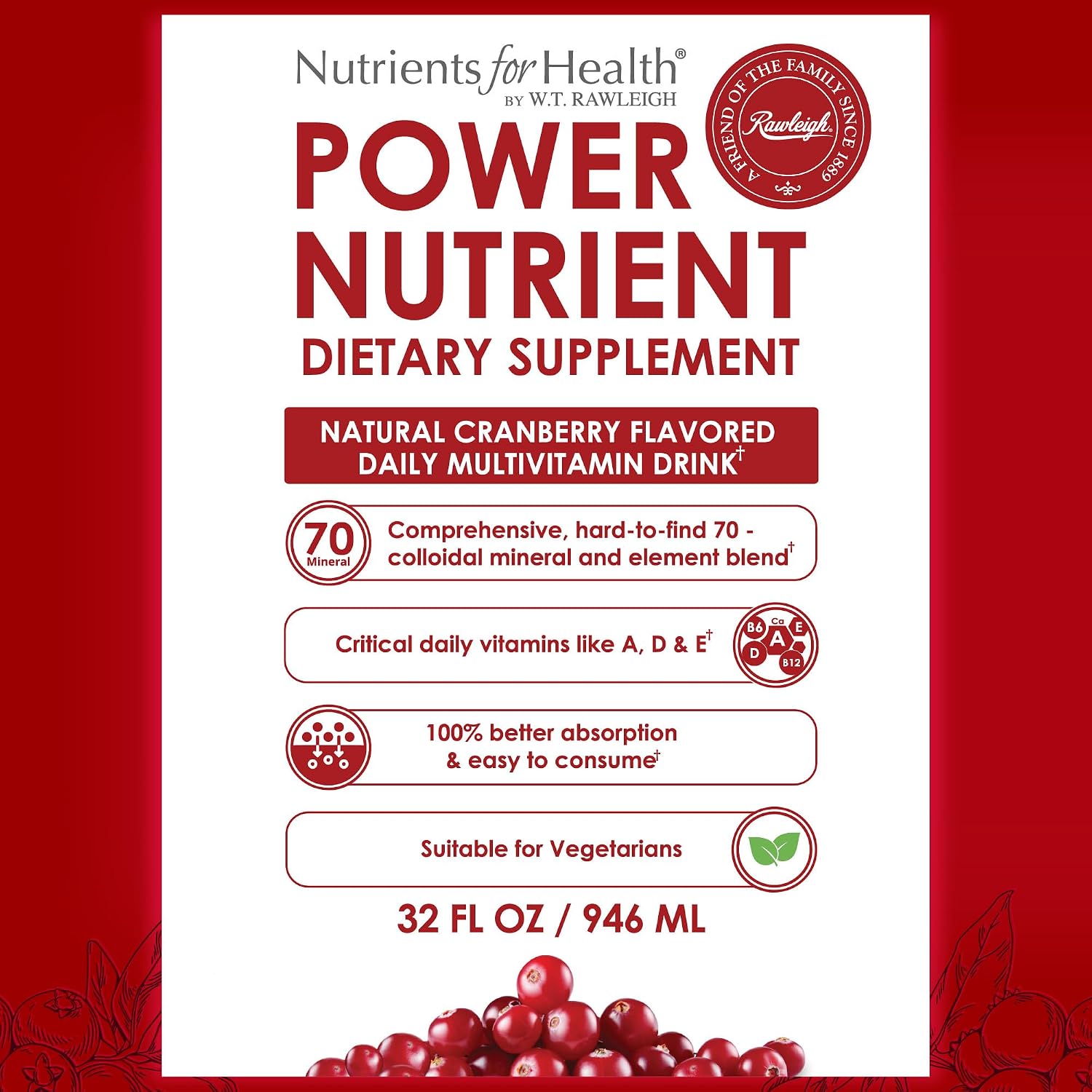 Rawleigh Power Nutrient Liquid Multivitamin – Daily Vitamin & Trace Mineral Supplement, Cranberry Flavour, 946 ml - görsel 8