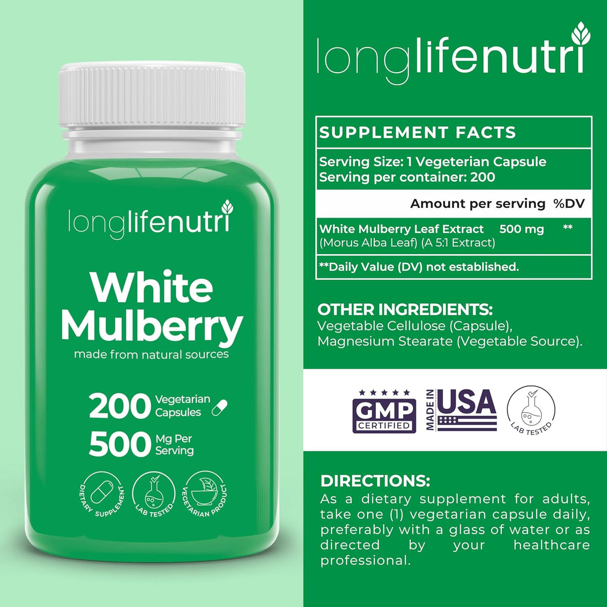 White Mulberry Leaf Extract 500mg - 200 Vegetarian Capsules, Non-GM, GMP Certified, Made in USA - görsel 2