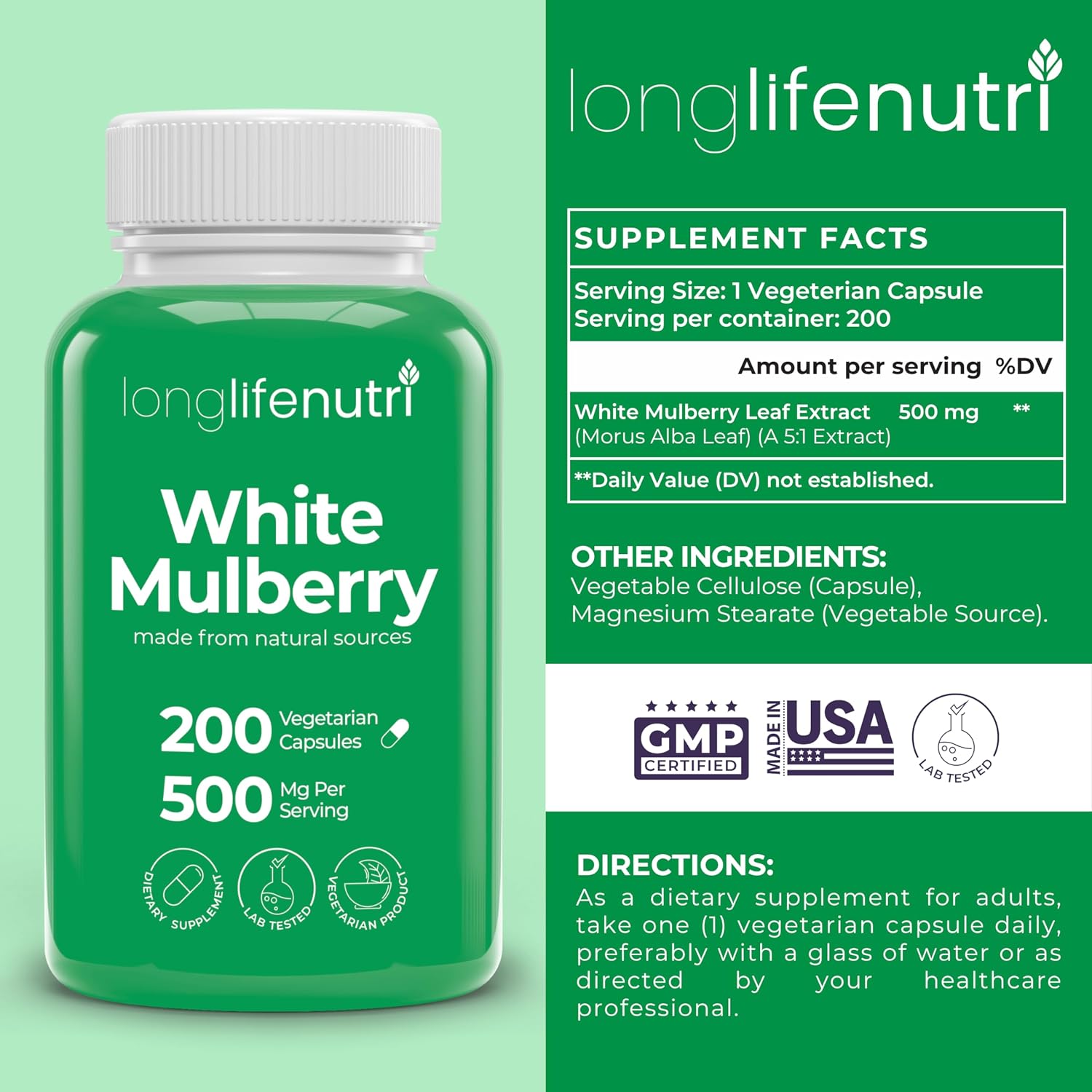 White Mulberry Leaf Extract 500mg - 200 Vegetarian Capsules, Non-GM, GMP Certified, Made in USA - görsel 2