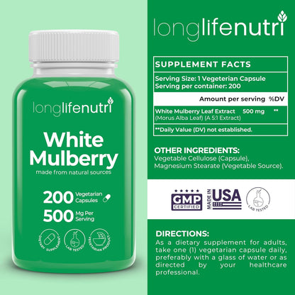 White Mulberry Leaf Extract 500mg - 200 Vegetarian Capsules, Non-GM, GMP Certified, Made in USA
