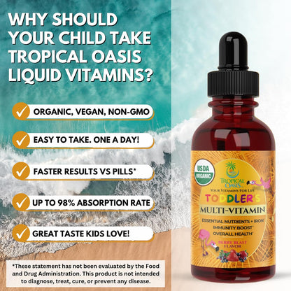 Tropical Oasis Organic Kids Multivitamin with Iron for Toddlers – Liquid Drops, 60 ml