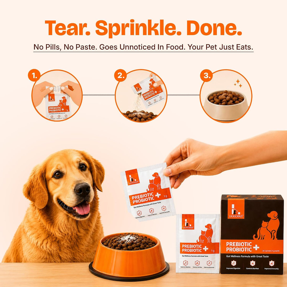 LICKICIOUS Probiotics for Dogs & Cats – Synbiotic Powder with 9.2 Billion CFU, 12 Strains, Prebiotics & Enzymes, 20 Sachets - görsel 6