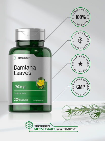 Horbäach Damiana Leaf Extract | 200 Capsules | Herbal Food Supplement