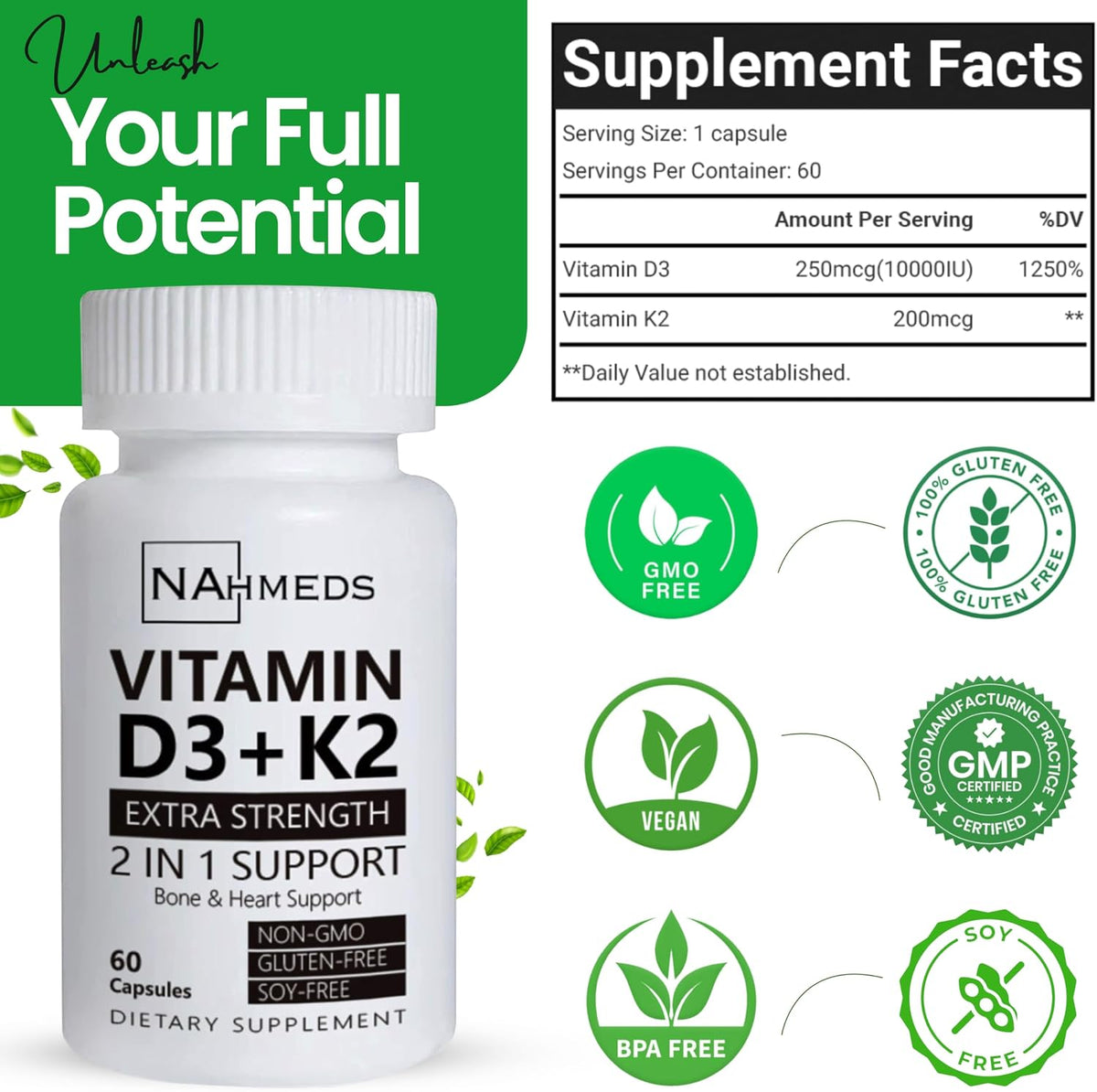 Vitamin D3 + K2 Extra Strength – 60 Capsules, High-Potency Bone & Heart Health Support, Non-GMO, Gluten-free - görsel 4