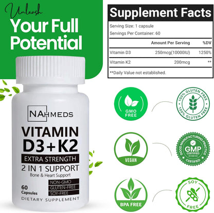 Vitamin D3 + K2 Extra Strength – 60 Capsules, High-Potency Bone & Heart Health Support, Non-GMO, Gluten-free