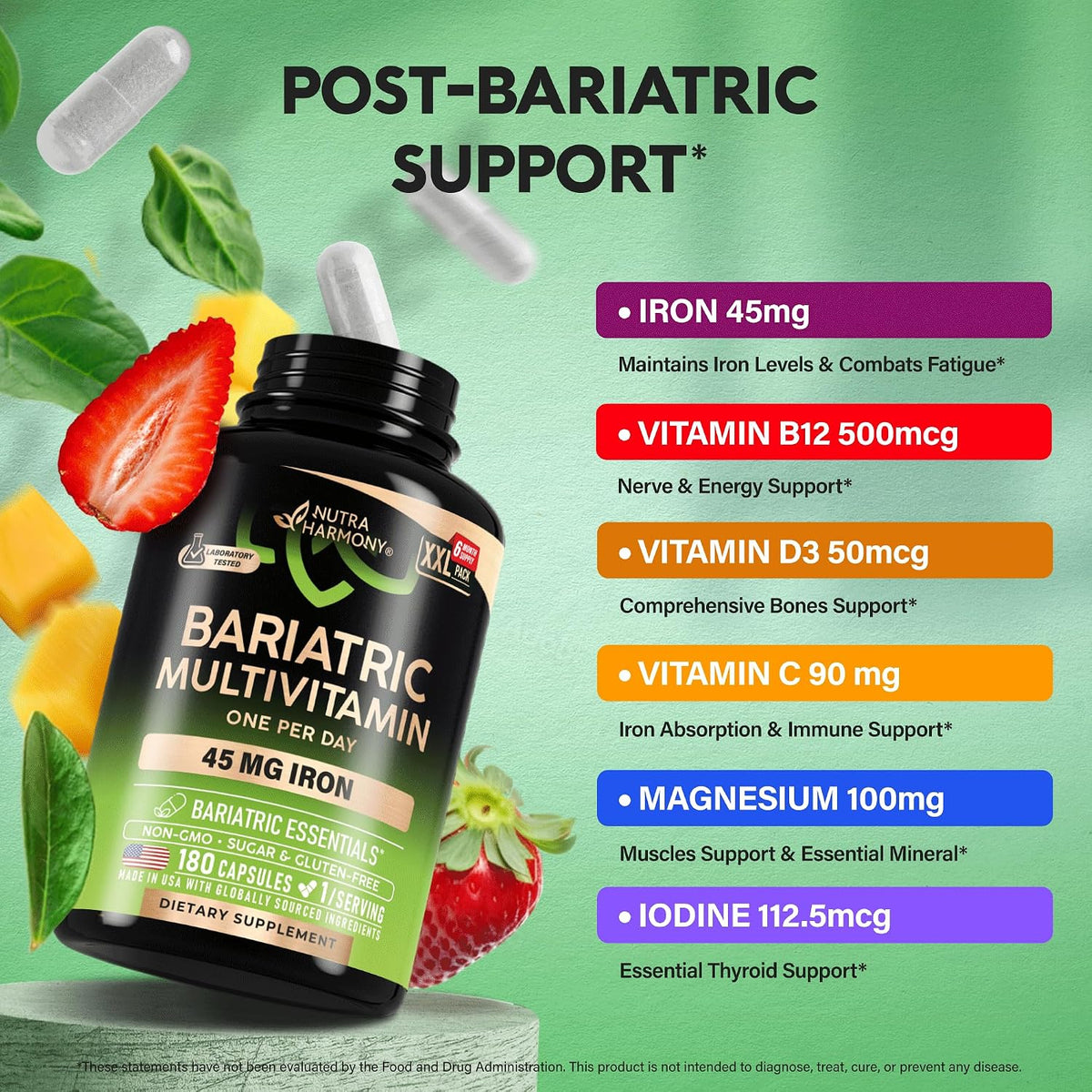 Bariatric Multivitamin - 45 mg Iron Supplements - Lab Tested - for Women & Men - All-in-One, 21 Essential Vitamins - Gastric Sleeve Support - Free of Sugar, Gluten & Soya - 180 Capsules, Once Daily - görsel 4