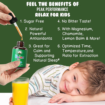 Peak Performance Kids Calm Liquid Drops for Relaxation, Calming and Sleep | Tasteless when Mixed with Water - Sugar-Free 9-in-1 Non-Habit Forming Vegan Supplement with Magnesium, Chamomile 60 ml