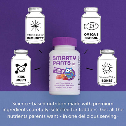 SmartyPants Toddler Multivitamin Gummies – Omega 3 Fish Oil (EPA/DHA), Vitamin D3, C, B12, B6, A, K & Zinc, Biotin, Beta Carotene – Gluten-free – Three Fruit Flavours – 180 Count (60 Day Supply)