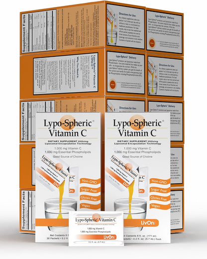 LivOn Laboratories Lypo-Spheric Vitamin C – 90 Sachets – 1,000 mg Vitamin C with Phospholipids – Liposomal Encapsulation for Enhanced Absorption – Non-GMO